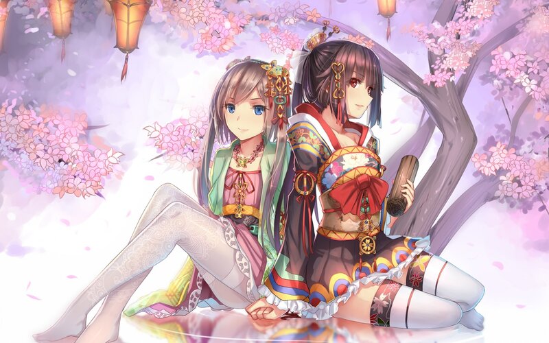 Two Girls under Cherry Blossoms — Pink, Serene, Spring, Anime, Cherry Blossoms, Lanterns, Kimono
