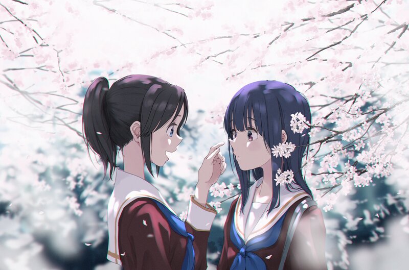 Two Girls under Cherry Blossoms — Pink, Serene, Spring, Anime, Cherry Blossoms, School Uniforms