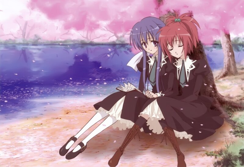 Two Girls under Cherry Blossoms — Pink, Serene, Spring, Anime, Cherry Blossoms