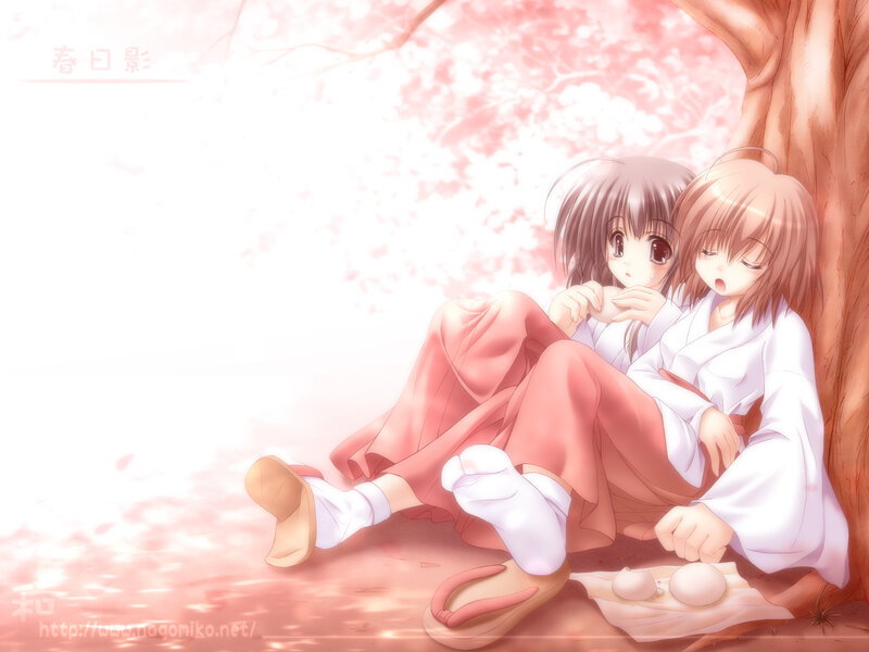 Two Girls under Cherry Blossoms — Pink, Serene, Spring