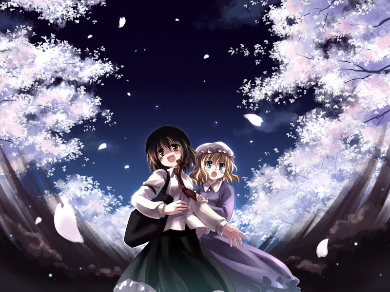 Two Girls under Cherry Blossoms — Purple, Dreamy