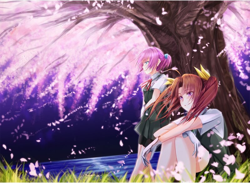 Two Girls under Cherry Blossoms — Purple, Serene, Spring