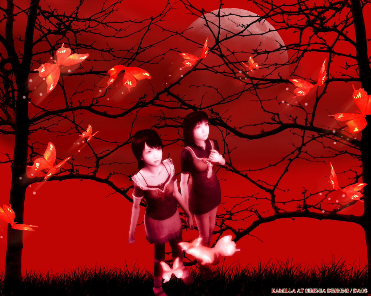 Two girls under red moon
