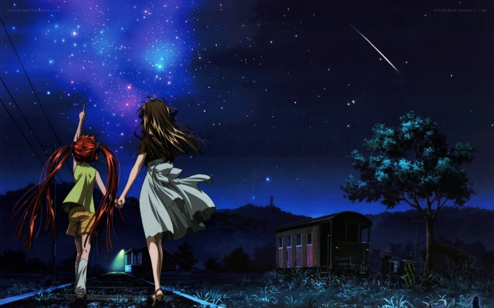 two girls under starry sky