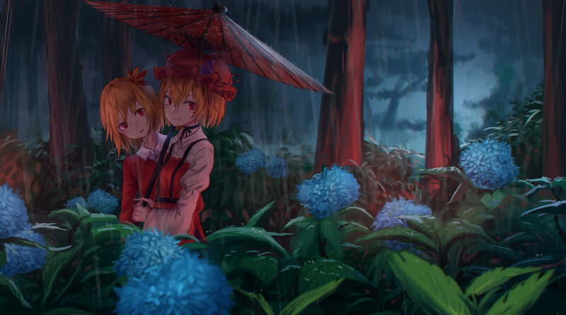 Two Girls under Umbrella — Blue, Dramatic, Night, Anime