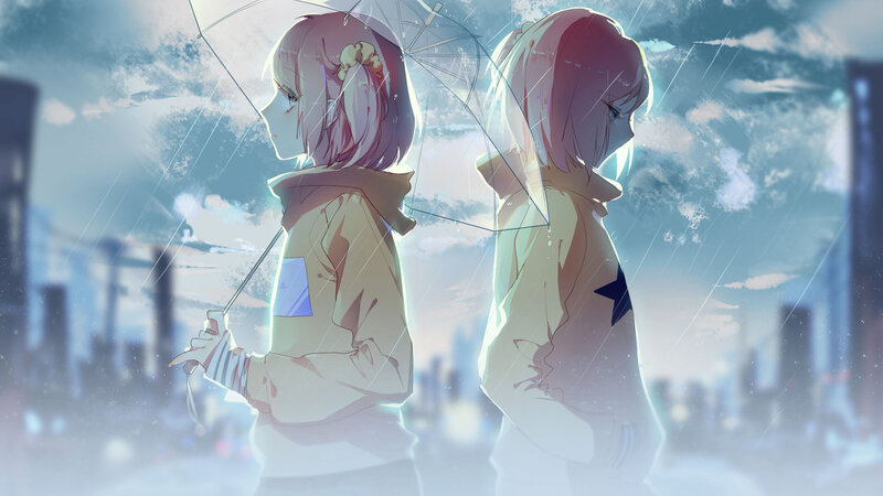 Two Girls under Umbrella — Blue, Melancholic