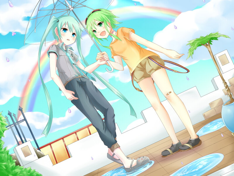 Two Girls under Umbrella — Blue, Playful