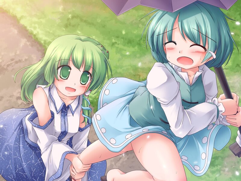 Two Girls under Umbrella — Green, Playful