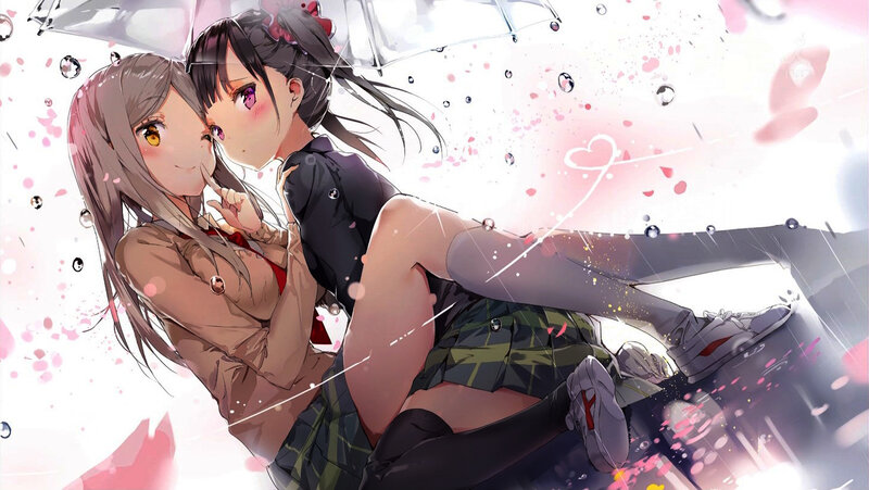 Two Girls under Umbrella — Pink, Romantic