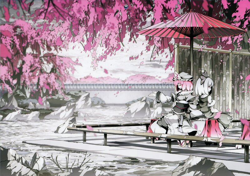 Two Girls under Umbrella — Pink, Serene