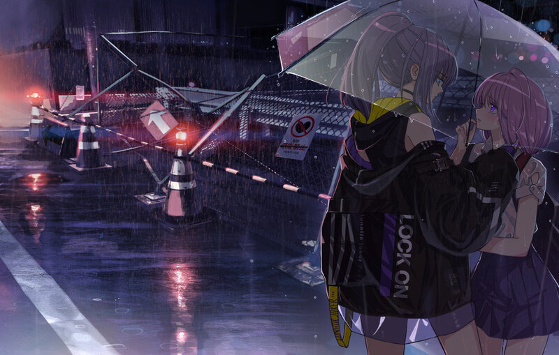 Two Girls under Umbrella — Purple, Dramatic