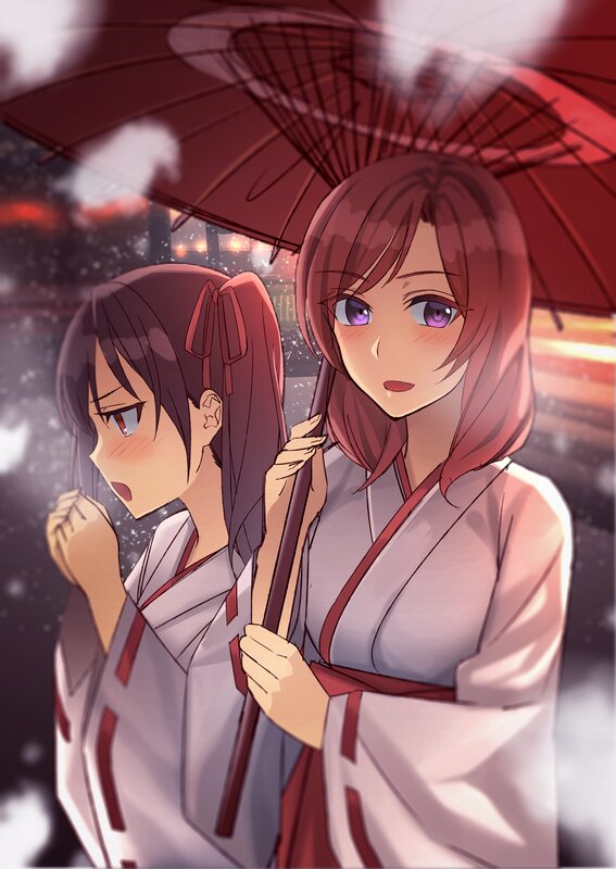 Two Girls under Umbrella — Red, Dramatic