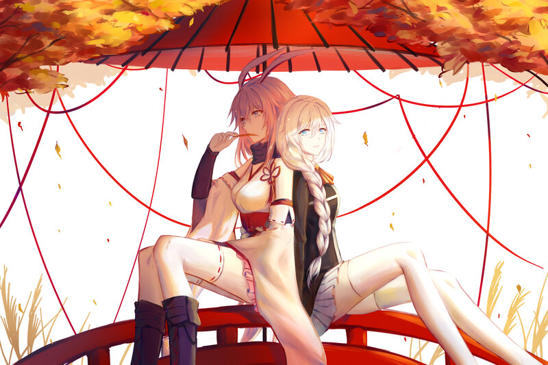 Two Girls under Umbrella — Red, Serene
