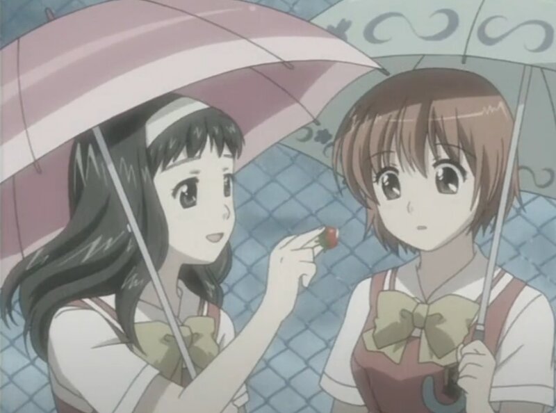 Two Girls under Umbrellas