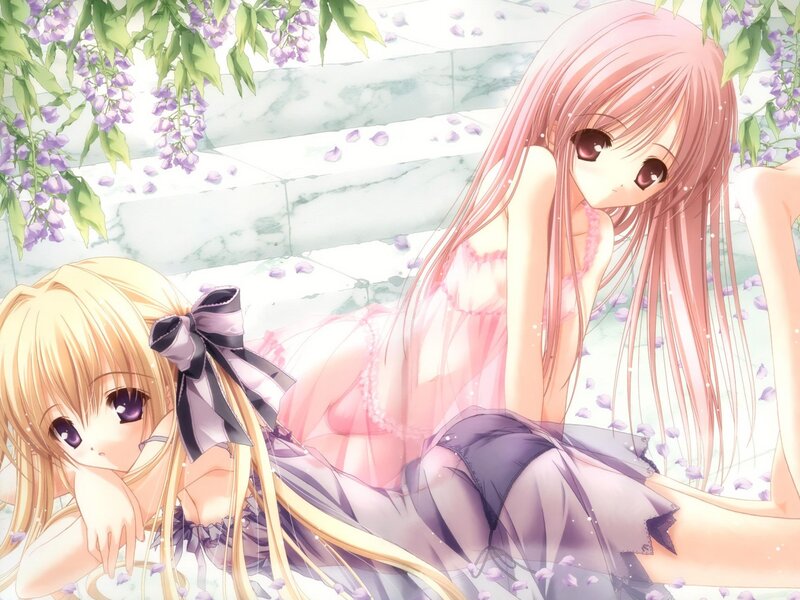 Two girls under wisteria