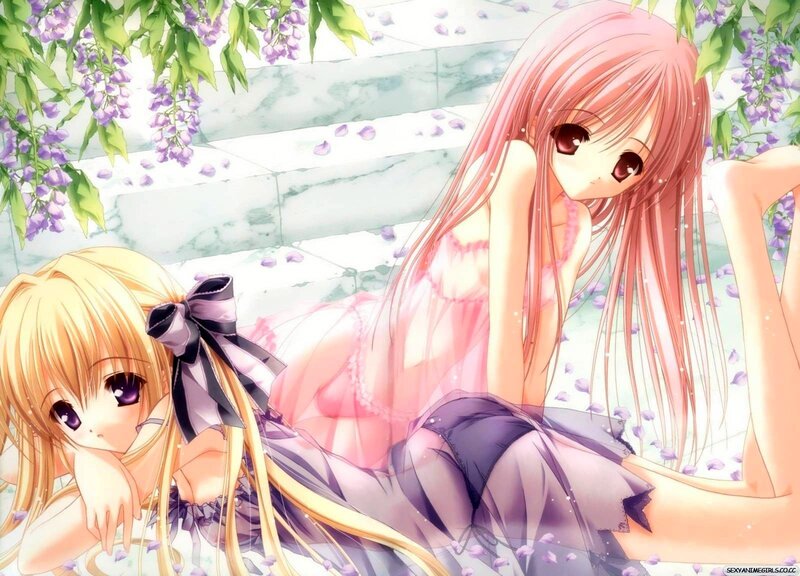 Two girls under wisteria