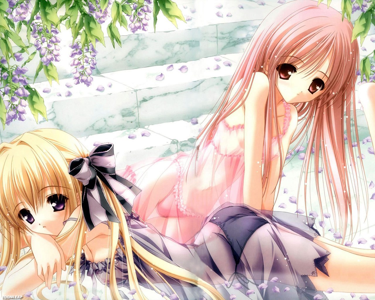 Two girls under wisteria