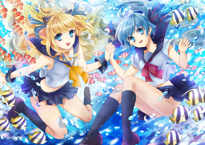 Two Girls Underwater — Blue, Playful, Anime