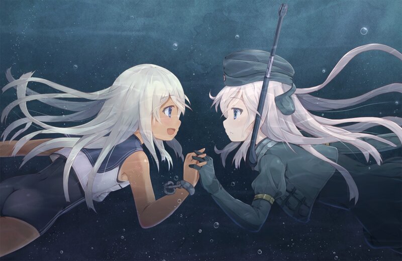 Two Girls Underwater — Blue, Serene, Anime, Bubbles, Chains