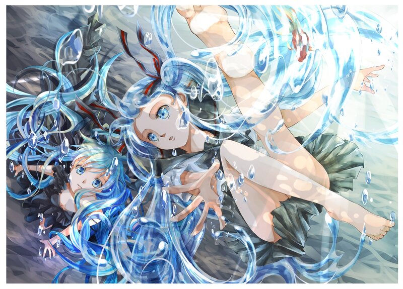 Two Girls Underwater — Blue, Serene, Anime, Bubbles, Fish