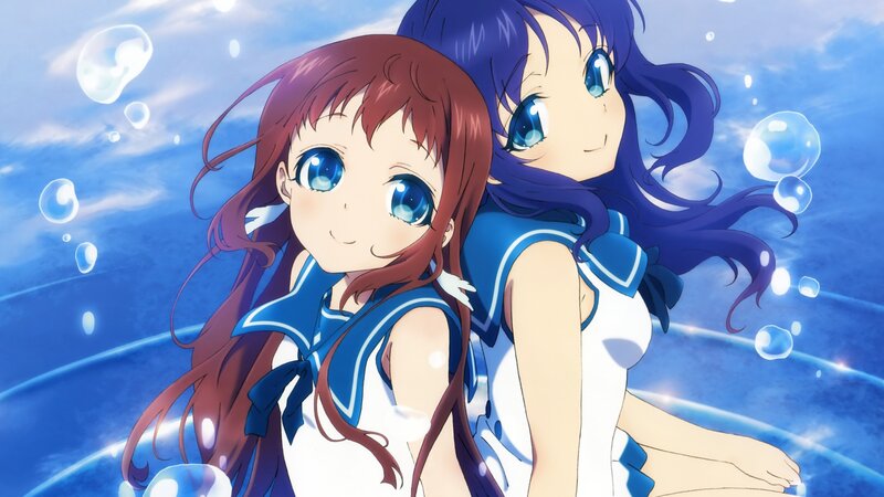 Two Girls Underwater — Blue, Serene, Anime, Bubbles, Sailor Uniforms