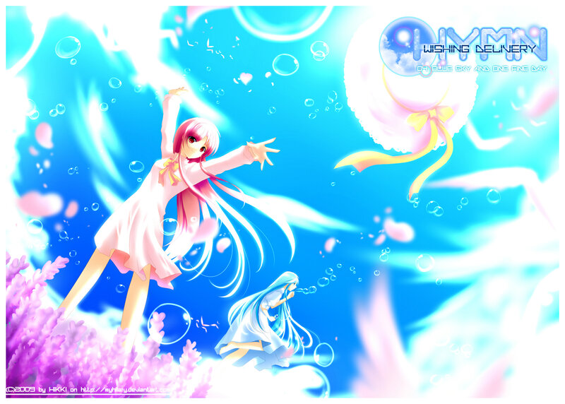 Two Girls Underwater — Blue, Serene, Anime, Bubbles