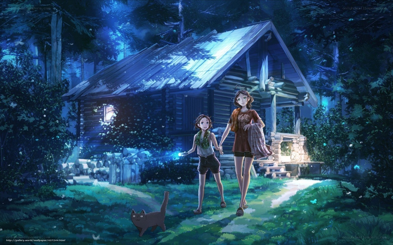 Two girls walk in forest at night