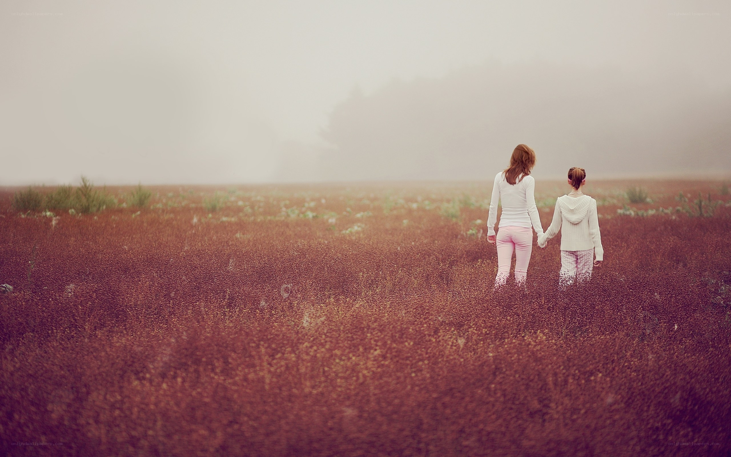 Two girls walk through a foggy field