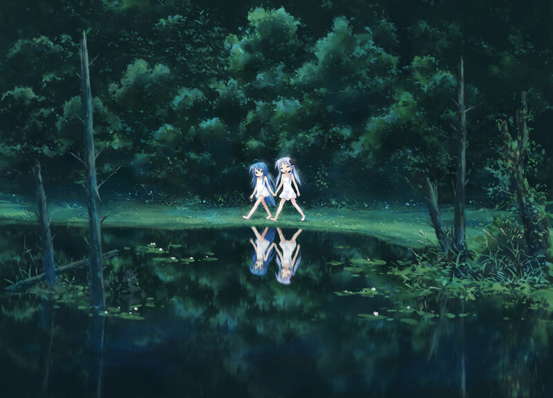 Two Girls Walking by Pond
