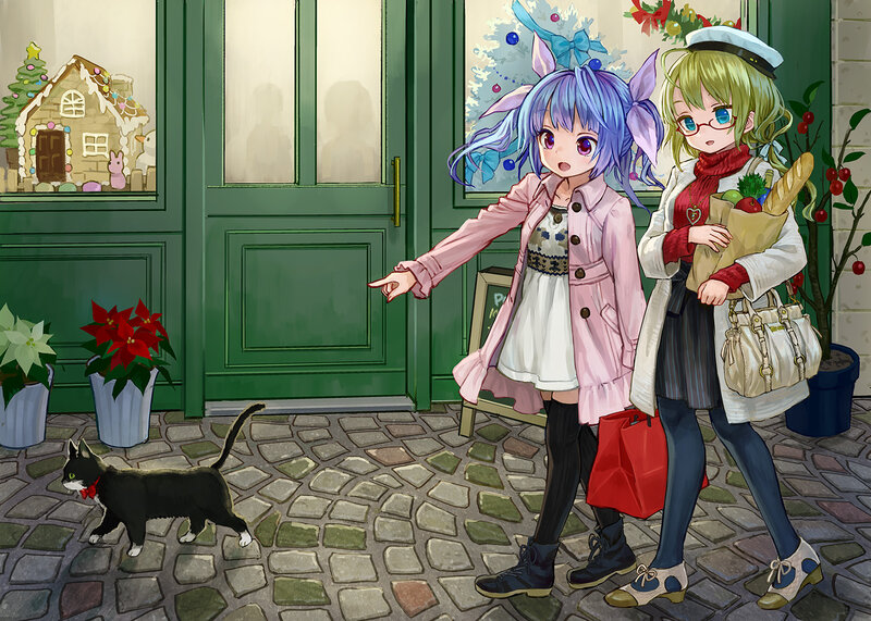 Two Girls Walking — Green, Festive