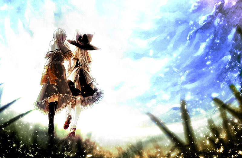 two girls walking in a field