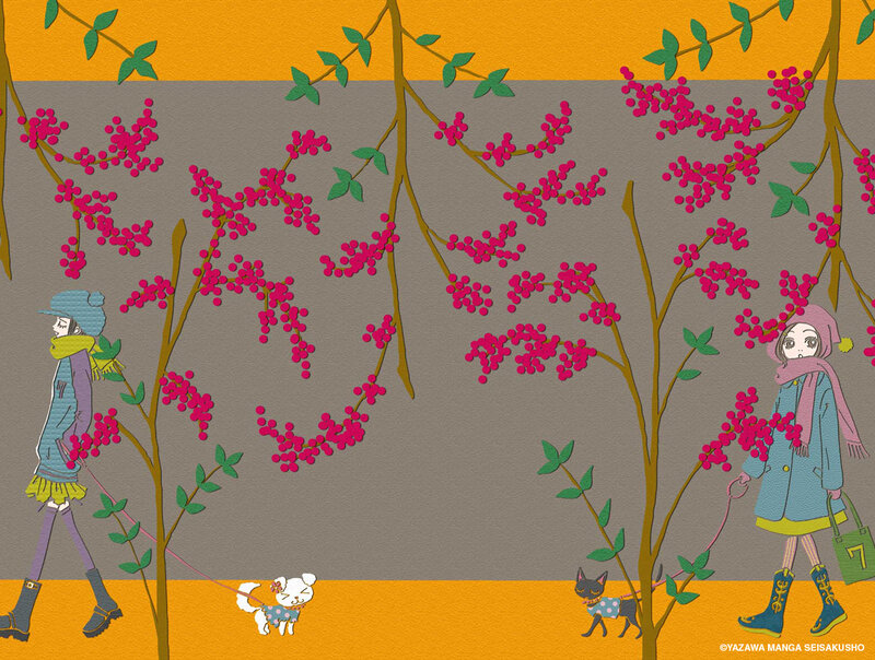 Two girls walking pets under berry trees