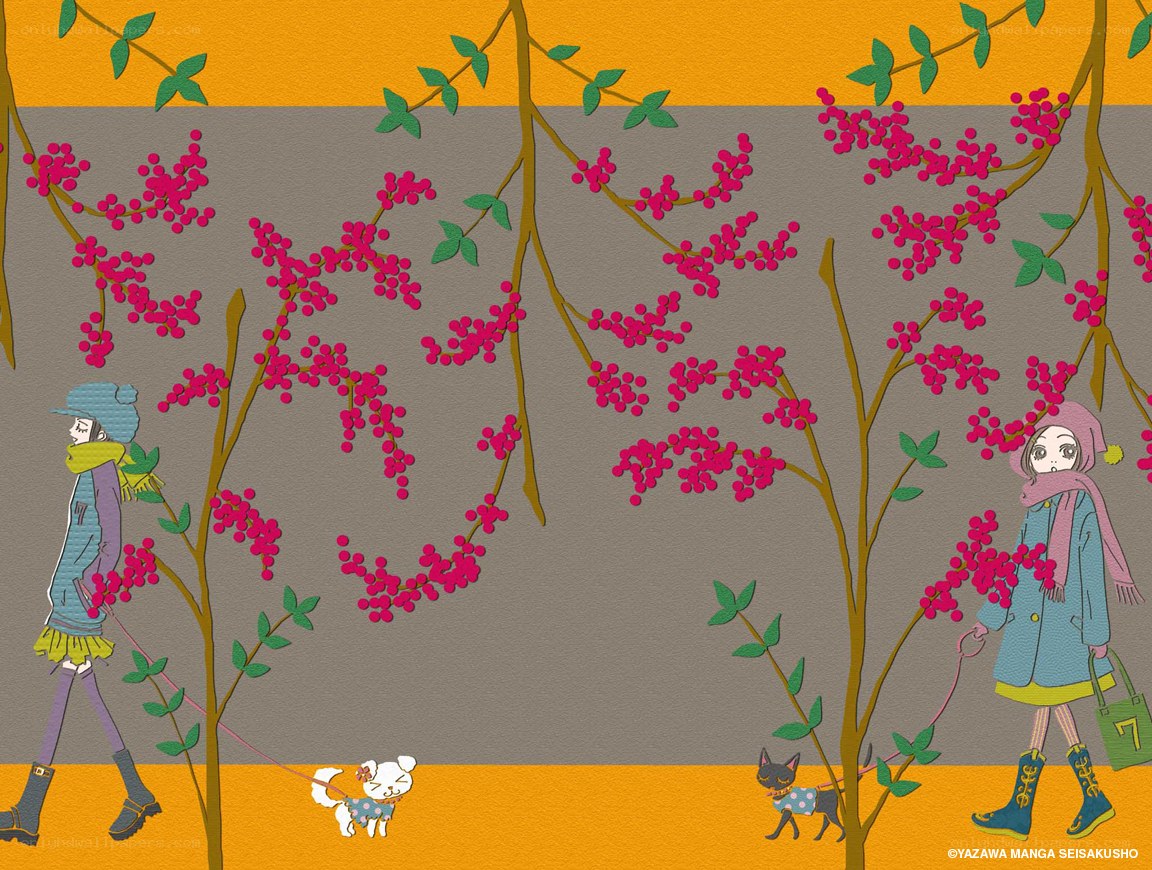 Two girls walking pets under berry trees