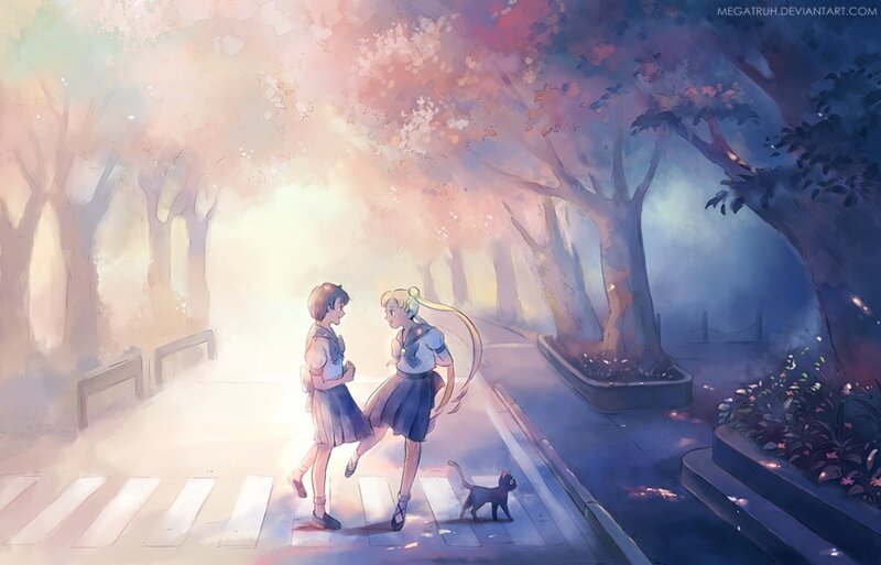 Two Girls Walking — Pink, Serene, Sunset