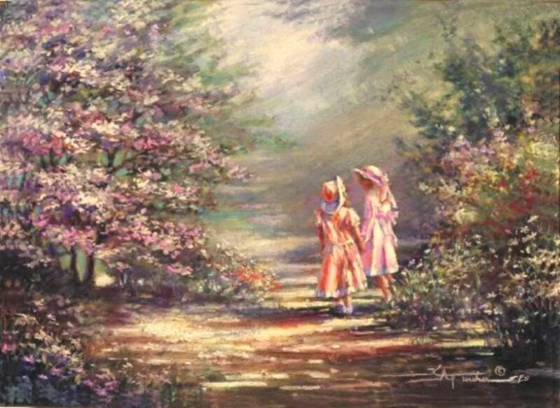Two Girls Walking — Pink, Serene