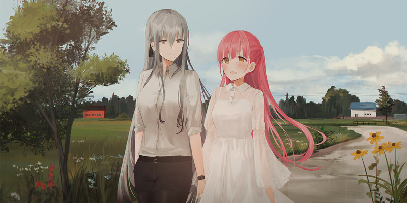 Two Girls Walking — White, Serene