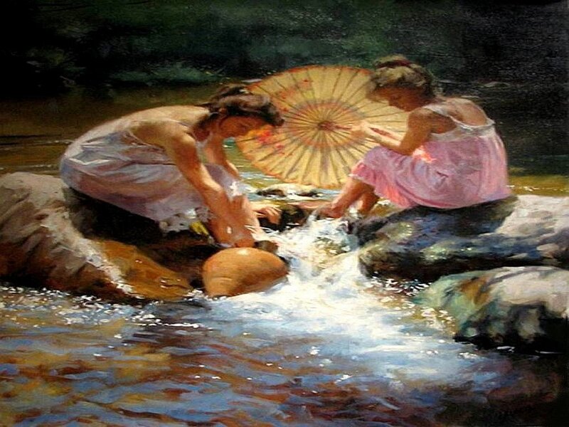 Two Girls Washing Clothes