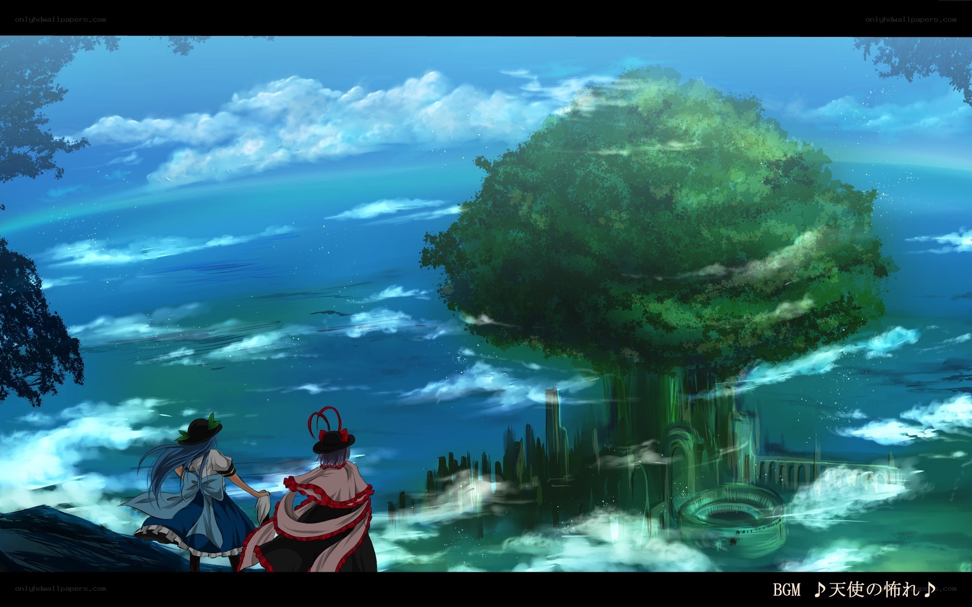 Two girls watch a floating island