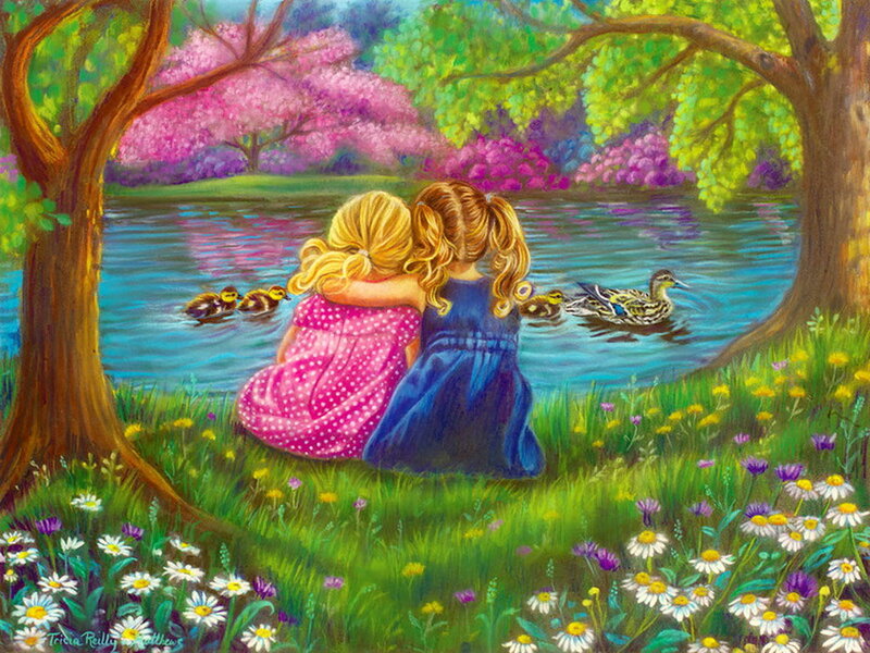 Two Girls Watching Ducks — Green, Serene