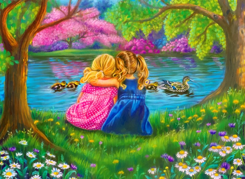 Two Girls Watching Ducks — Green