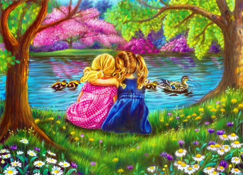 Two Girls Watching Ducks