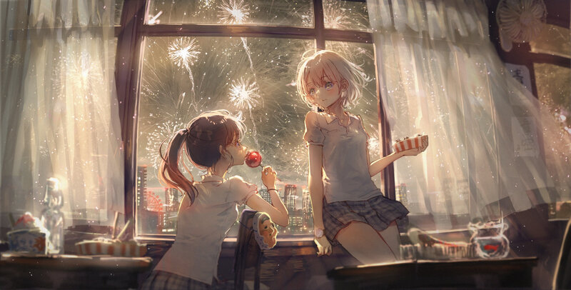 Two Girls Watching Fireworks — White