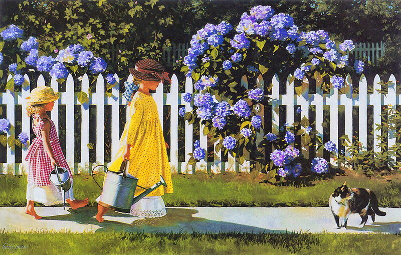 Two Girls Watering Garden
