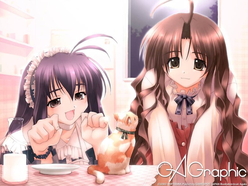 Two girls with a cat at a table