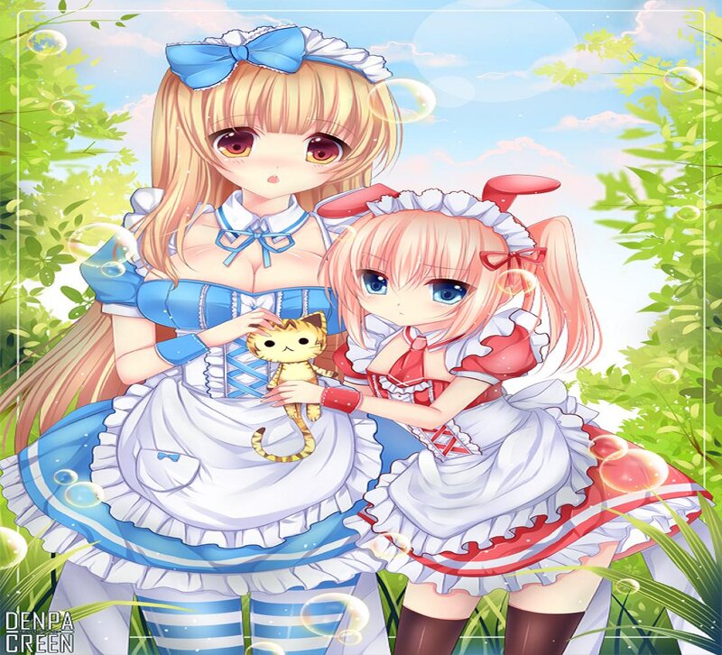 Two Girls with a Cat — Blue, Serene