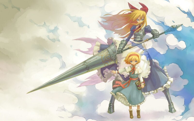 Two girls with a giant spear