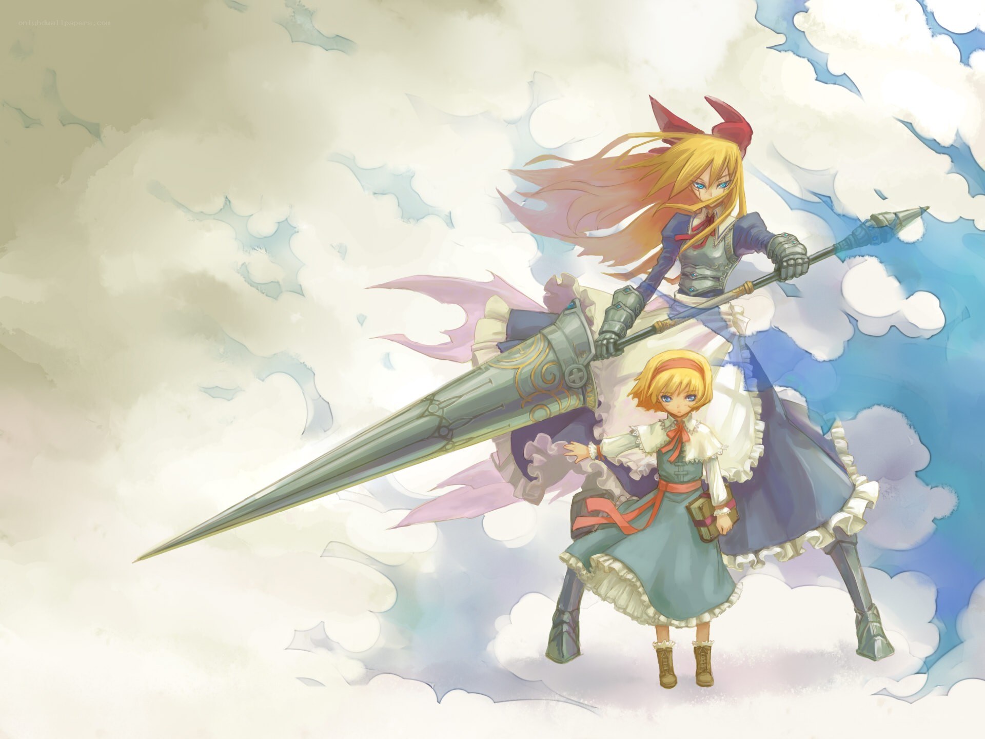 Two girls with a giant spear