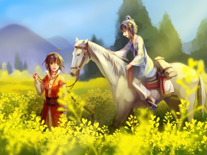 Two Girls with a Horse — Yellow