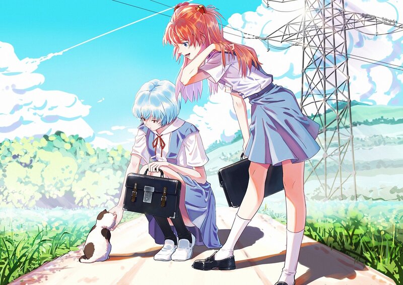 Two Girls with a Kitten — Blue