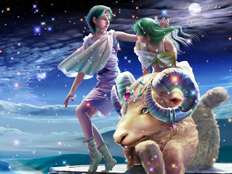 Two Girls with a Ram — Blue, Fantasy
